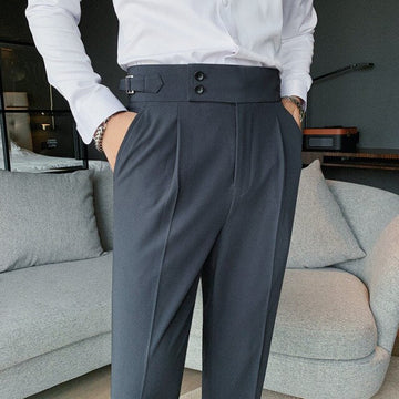Gotmes   New Design Men High Waist Trousers Solid England Business Casual Suit Pants Belt Straight Slim Fit Bottoms White Clothing